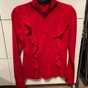 Guess Red Ruffle-Front Long Sleeve Top